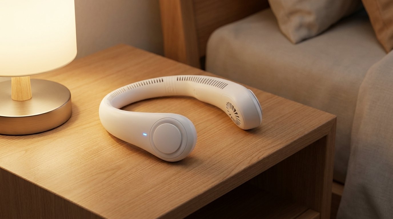The FluxoFan operating silently on a modern bedside table.